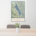 24x36 Lake Berryessa California Map Print Portrait Orientation in Woodblock Style Behind 2 Chairs Table and Potted Plant