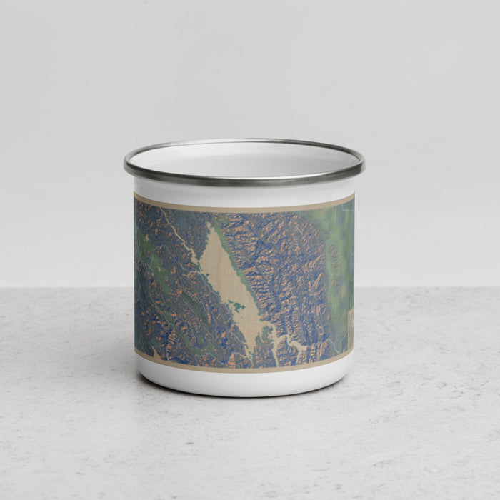 Front View Custom Lake Berryessa California Map Enamel Mug in Afternoon