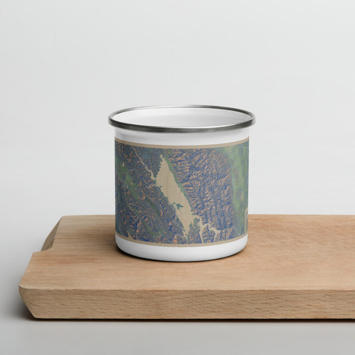 Front View Custom Lake Berryessa California Map Enamel Mug in Afternoon on Cutting Board