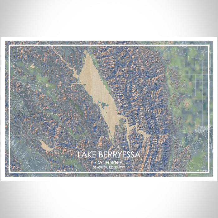 Lake Berryessa California Map Print Landscape Orientation in Afternoon Style With Shaded Background