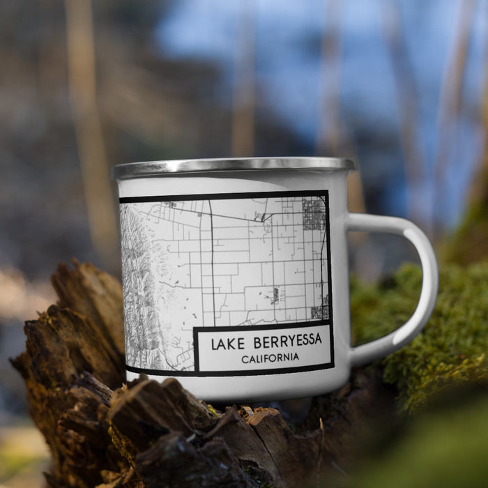 Right View Custom Lake Berryessa California Map Enamel Mug in Classic on Grass With Trees in Background