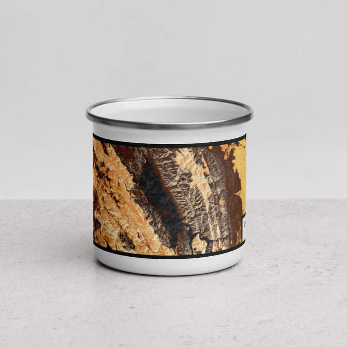 Front View Custom Lake Berryessa California Map Enamel Mug in Ember