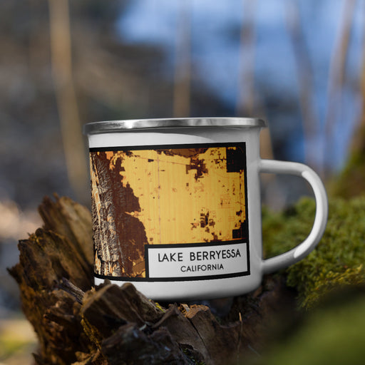 Right View Custom Lake Berryessa California Map Enamel Mug in Ember on Grass With Trees in Background