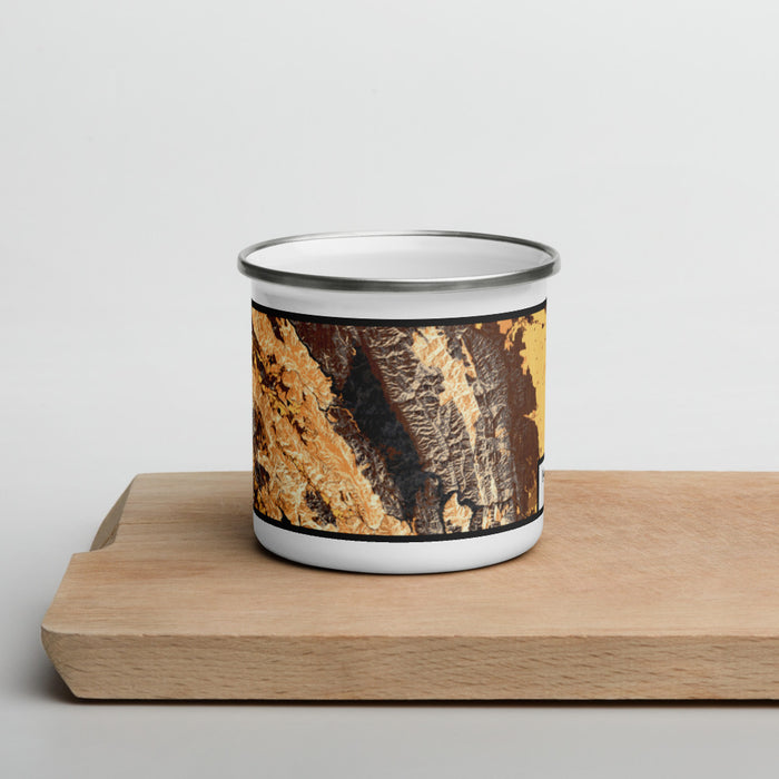 Front View Custom Lake Berryessa California Map Enamel Mug in Ember on Cutting Board