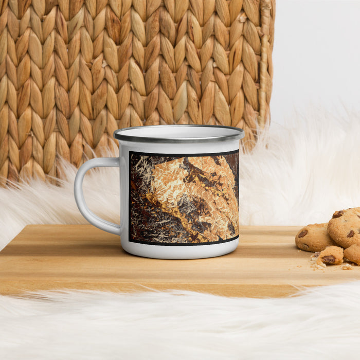 Left View Custom Lake Berryessa California Map Enamel Mug in Ember on Table Top