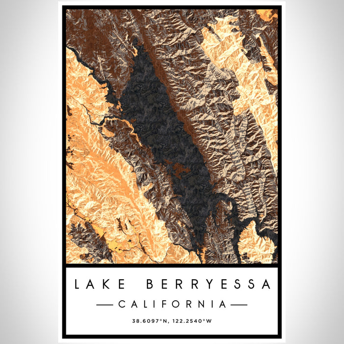 Lake Berryessa California Map Print Portrait Orientation in Ember Style With Shaded Background