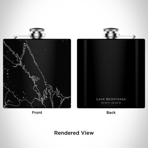 Rendered View of Lake Berryessa California Map Engraving on 6oz Stainless Steel Flask in Black