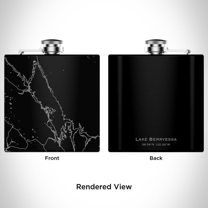 Rendered View of Lake Berryessa California Map Engraving on 6oz Stainless Steel Flask in Black