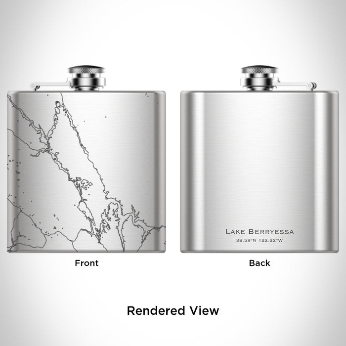 Rendered View of Lake Berryessa California Map Engraving on 6oz Stainless Steel Flask