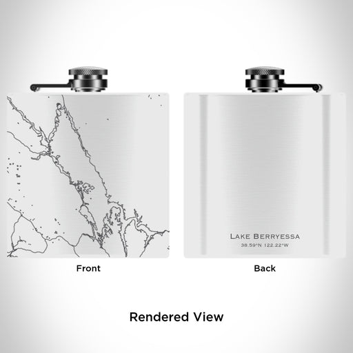 Rendered View of Lake Berryessa California Map Engraving on 6oz Stainless Steel Flask in White