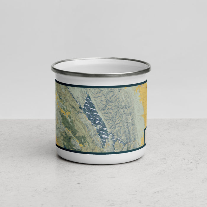 Front View Custom Lake Berryessa California Map Enamel Mug in Woodblock