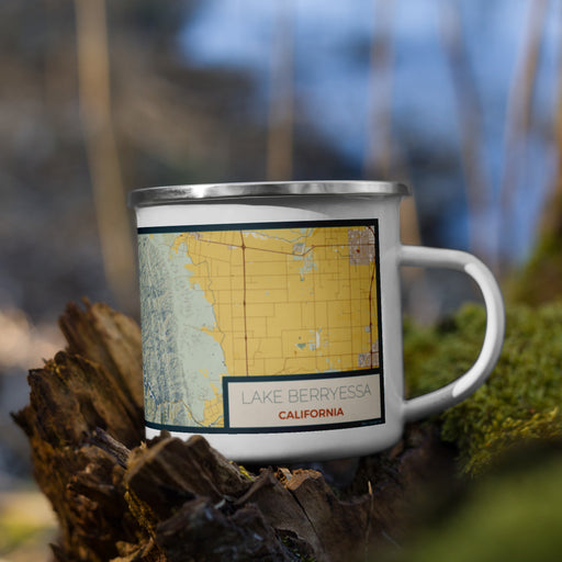 Right View Custom Lake Berryessa California Map Enamel Mug in Woodblock on Grass With Trees in Background