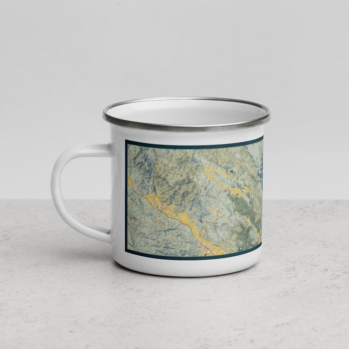 Left View Custom Lake Berryessa California Map Enamel Mug in Woodblock