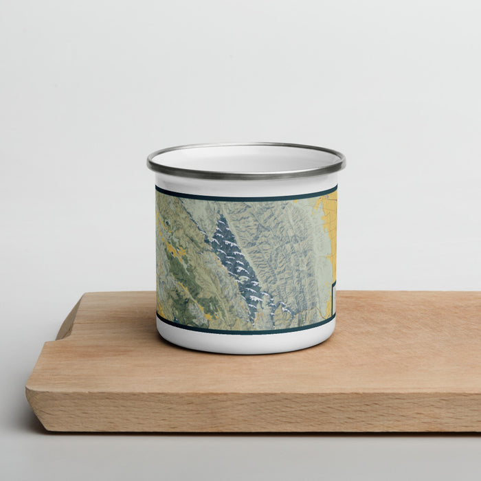 Front View Custom Lake Berryessa California Map Enamel Mug in Woodblock on Cutting Board
