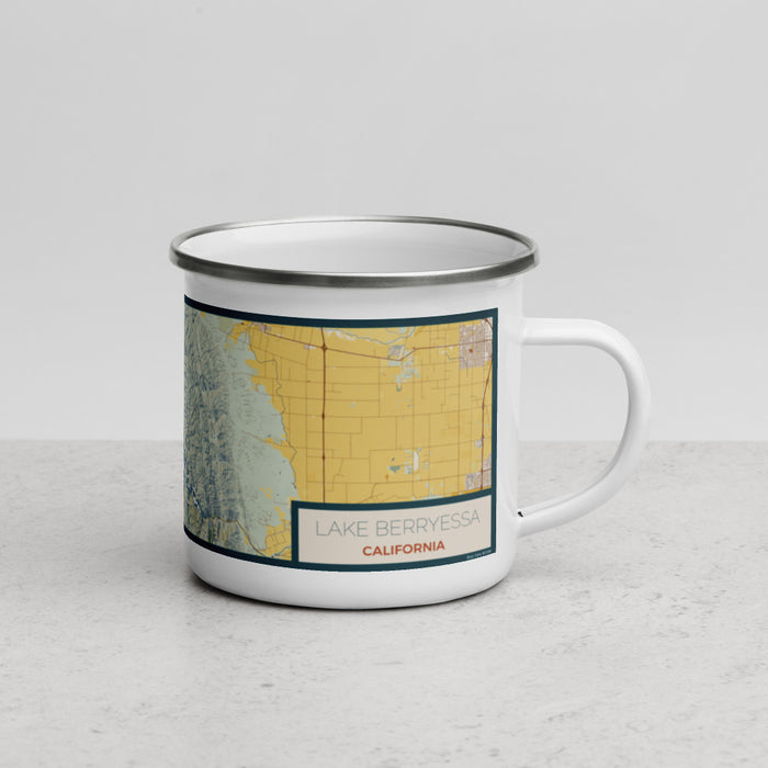 Right View Custom Lake Berryessa California Map Enamel Mug in Woodblock