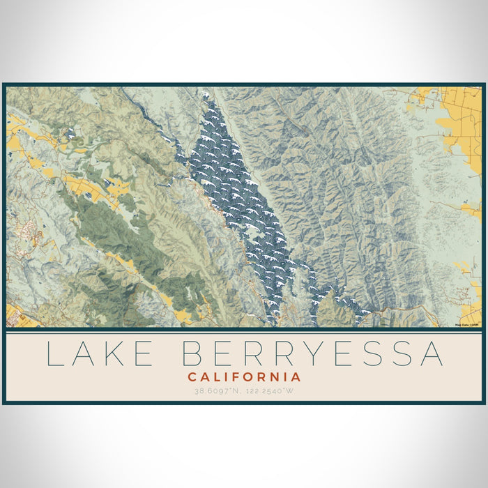Lake Berryessa California Map Print Landscape Orientation in Woodblock Style With Shaded Background