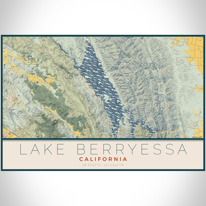 Lake Berryessa California Map Print Landscape Orientation in Woodblock Style With Shaded Background