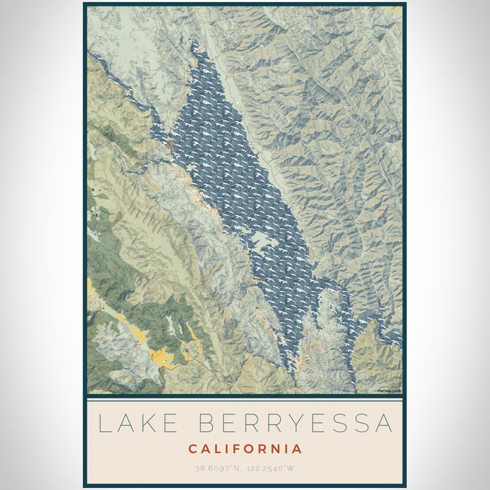 Lake Berryessa California Map Print Portrait Orientation in Woodblock Style With Shaded Background