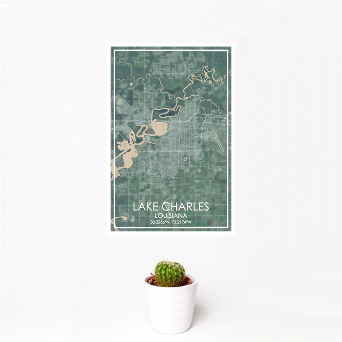 12x18 Lake Charles Louisiana Map Print Portrait Orientation in Afternoon Style With Small Cactus Plant in White Planter