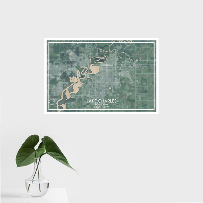 16x24 Lake Charles Louisiana Map Print Landscape Orientation in Afternoon Style With Tropical Plant Leaves in Water