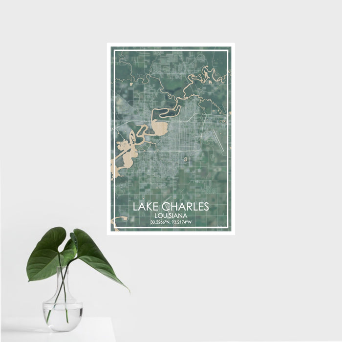 16x24 Lake Charles Louisiana Map Print Portrait Orientation in Afternoon Style With Tropical Plant Leaves in Water