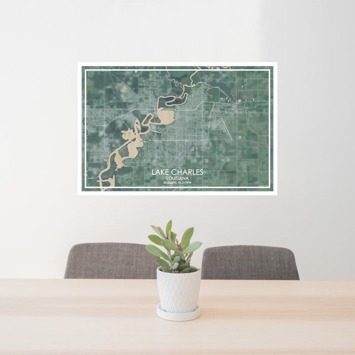 24x36 Lake Charles Louisiana Map Print Lanscape Orientation in Afternoon Style Behind 2 Chairs Table and Potted Plant