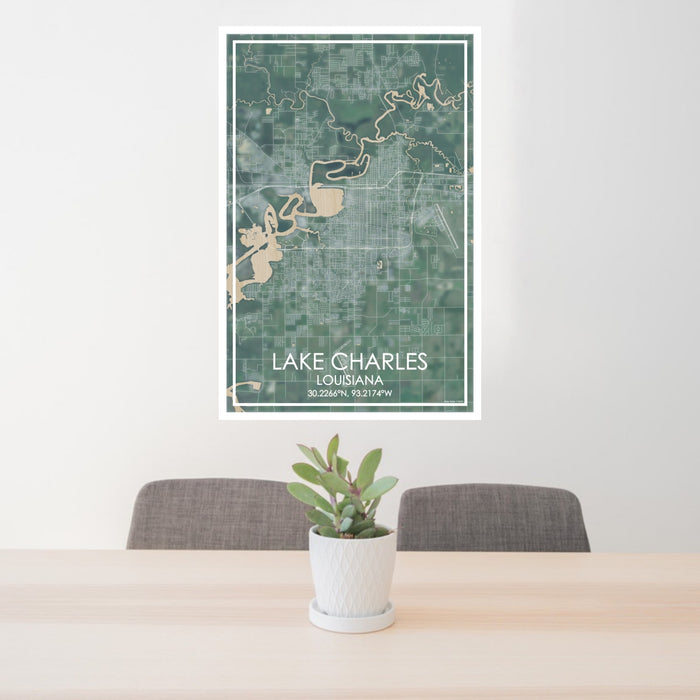 24x36 Lake Charles Louisiana Map Print Portrait Orientation in Afternoon Style Behind 2 Chairs Table and Potted Plant