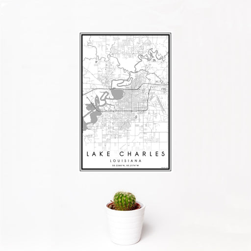 12x18 Lake Charles Louisiana Map Print Portrait Orientation in Classic Style With Small Cactus Plant in White Planter
