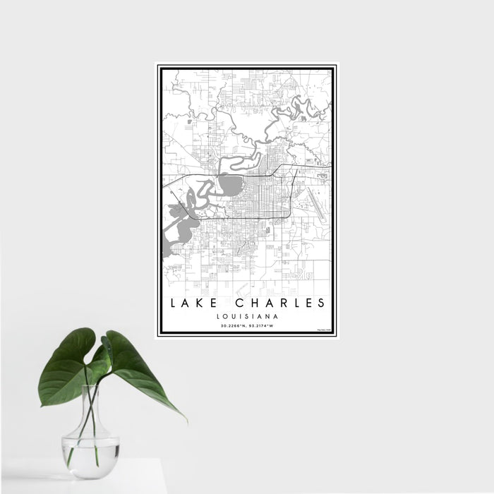 16x24 Lake Charles Louisiana Map Print Portrait Orientation in Classic Style With Tropical Plant Leaves in Water