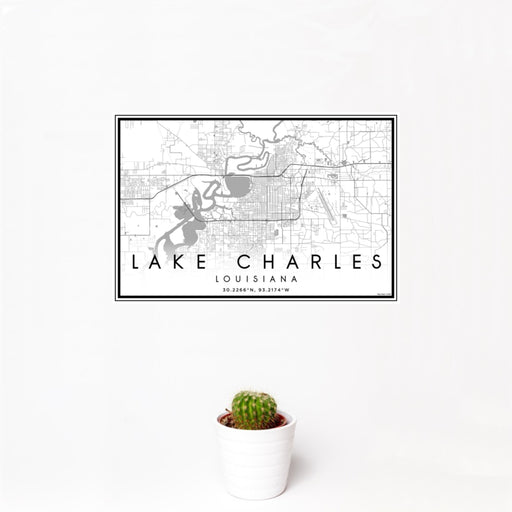 12x18 Lake Charles Louisiana Map Print Landscape Orientation in Classic Style With Small Cactus Plant in White Planter