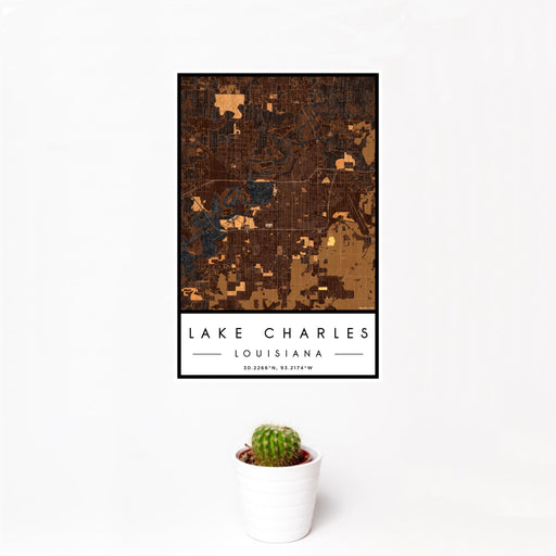 12x18 Lake Charles Louisiana Map Print Portrait Orientation in Ember Style With Small Cactus Plant in White Planter