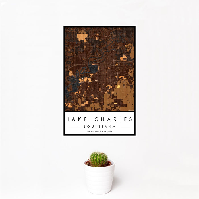 12x18 Lake Charles Louisiana Map Print Portrait Orientation in Ember Style With Small Cactus Plant in White Planter