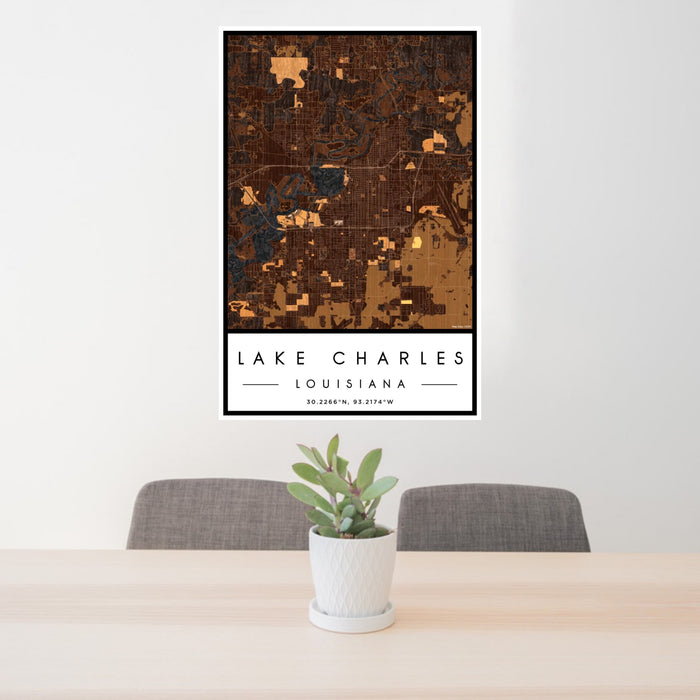 24x36 Lake Charles Louisiana Map Print Portrait Orientation in Ember Style Behind 2 Chairs Table and Potted Plant