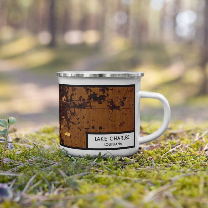Right View Custom Lake Charles Louisiana Map Enamel Mug in Ember on Grass With Trees in Background