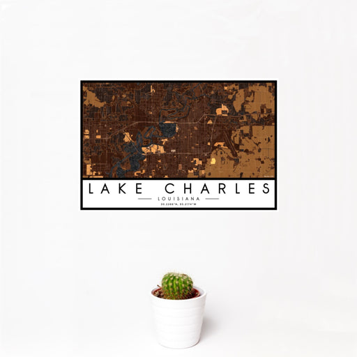 12x18 Lake Charles Louisiana Map Print Landscape Orientation in Ember Style With Small Cactus Plant in White Planter