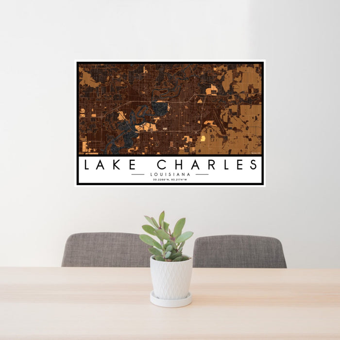 24x36 Lake Charles Louisiana Map Print Landscape Orientation in Ember Style Behind 2 Chairs Table and Potted Plant