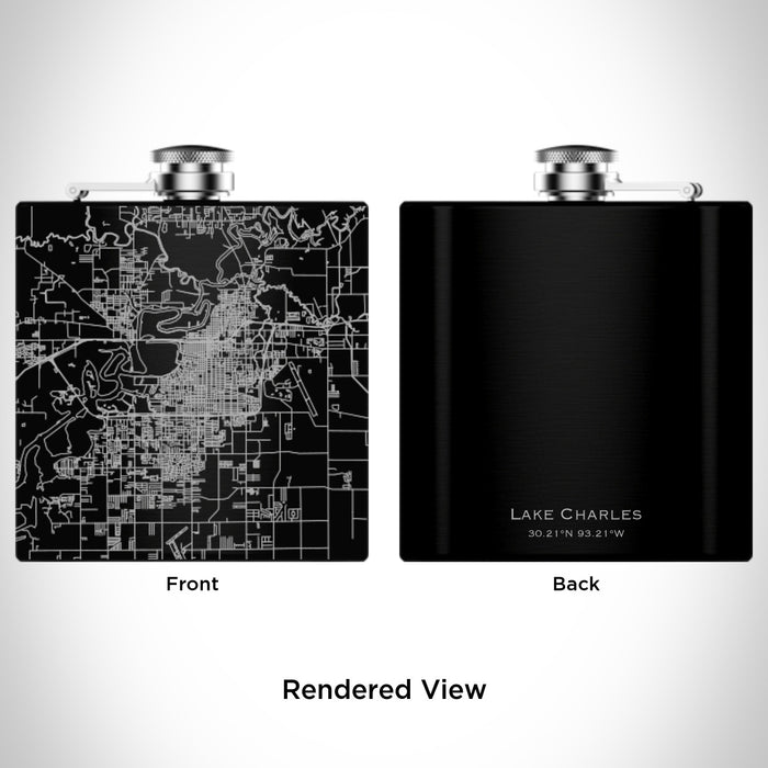 Rendered View of Lake Charles Louisiana Map Engraving on 6oz Stainless Steel Flask in Black