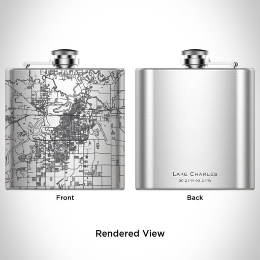 Rendered View of Lake Charles Louisiana Map Engraving on 6oz Stainless Steel Flask