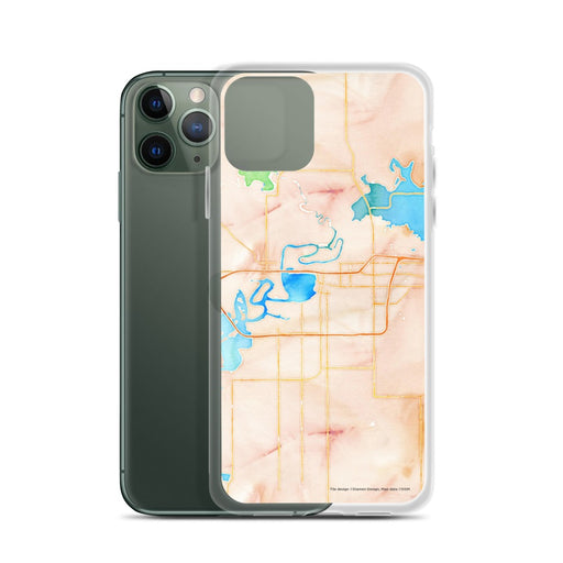 Custom Lake Charles Louisiana Map Phone Case in Watercolor on Table with Laptop and Plant
