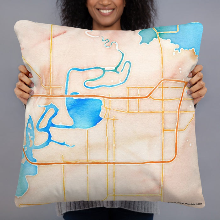 Person holding 22x22 Custom Lake Charles Louisiana Map Throw Pillow in Watercolor