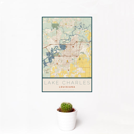 12x18 Lake Charles Louisiana Map Print Portrait Orientation in Woodblock Style With Small Cactus Plant in White Planter