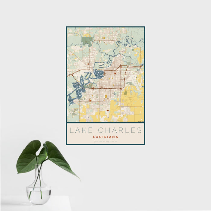 16x24 Lake Charles Louisiana Map Print Portrait Orientation in Woodblock Style With Tropical Plant Leaves in Water