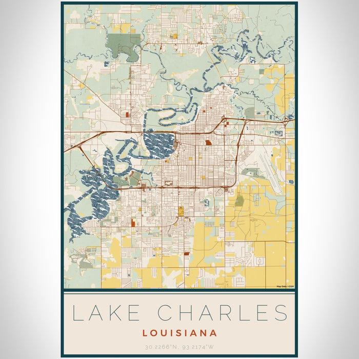 Lake Charles Louisiana Map Print Portrait Orientation in Woodblock Style With Shaded Background