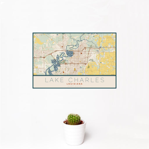 12x18 Lake Charles Louisiana Map Print Landscape Orientation in Woodblock Style With Small Cactus Plant in White Planter