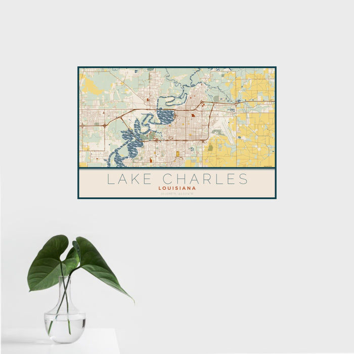 16x24 Lake Charles Louisiana Map Print Landscape Orientation in Woodblock Style With Tropical Plant Leaves in Water
