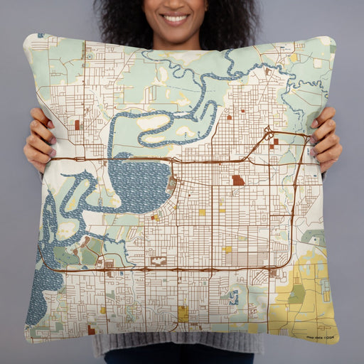 Person holding 22x22 Custom Lake Charles Louisiana Map Throw Pillow in Woodblock