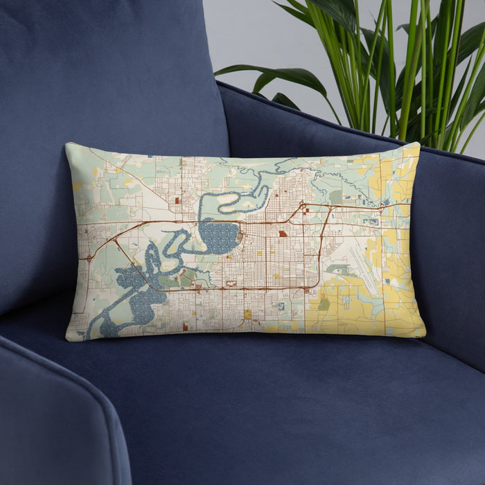 Custom Lake Charles Louisiana Map Throw Pillow in Woodblock on Blue Colored Chair