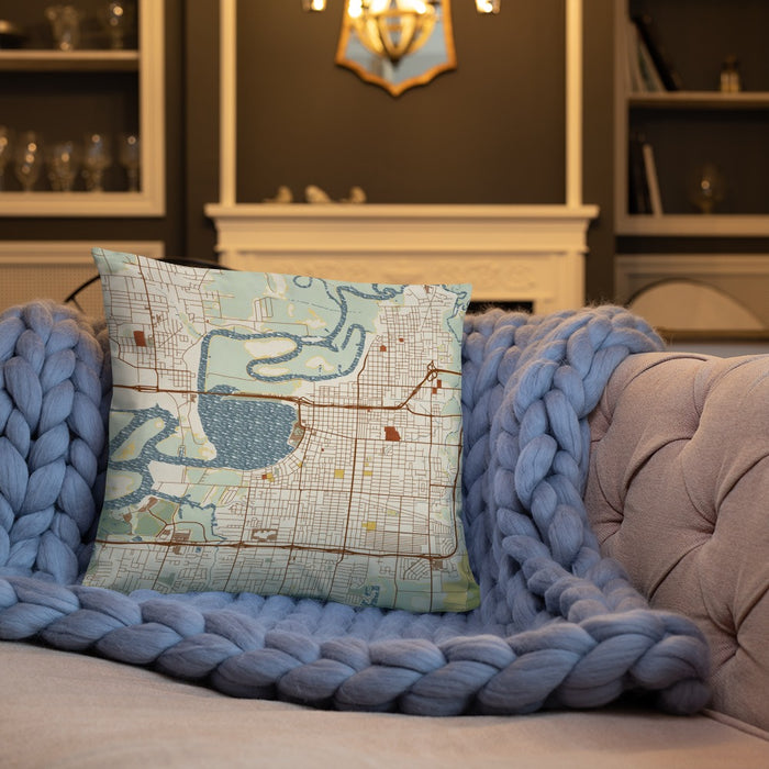 Custom Lake Charles Louisiana Map Throw Pillow in Woodblock on Cream Colored Couch