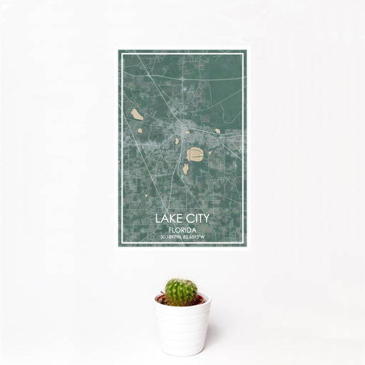 12x18 Lake City Florida Map Print Portrait Orientation in Afternoon Style With Small Cactus Plant in White Planter