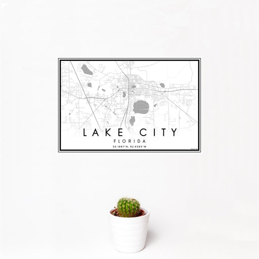 12x18 Lake City Florida Map Print Landscape Orientation in Classic Style With Small Cactus Plant in White Planter